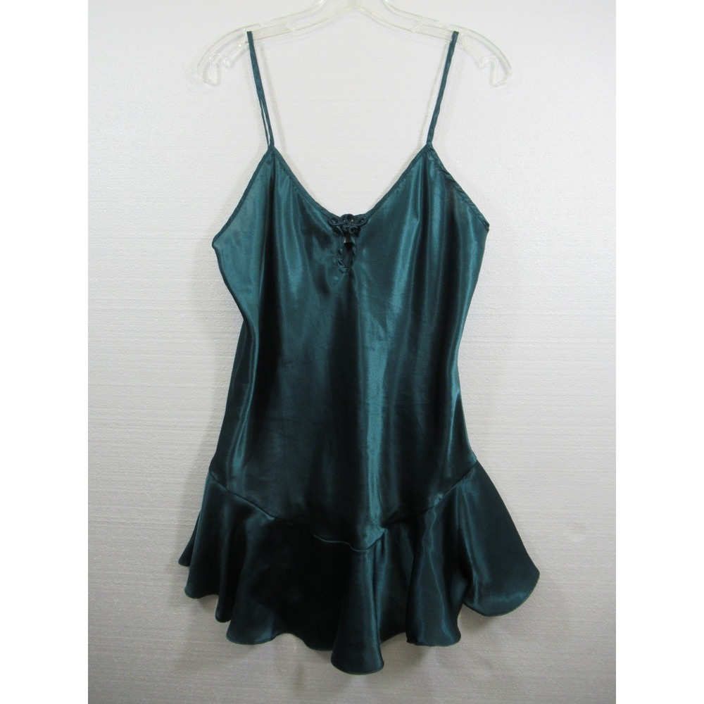 Vtg 90s California Miss Shiny Satin Chemise Nightgown Women Medium Green Keyhole